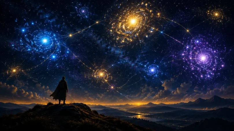 A lone traveler stands under a night sky filled with glowing star systems and swirling galaxies