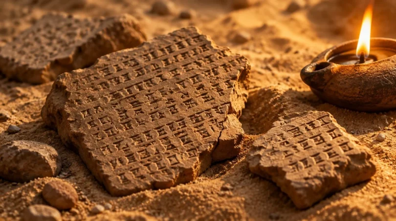 Broken clay tablet fragments with wedge-shaped impressions beside a lit oil lamp on desert sand