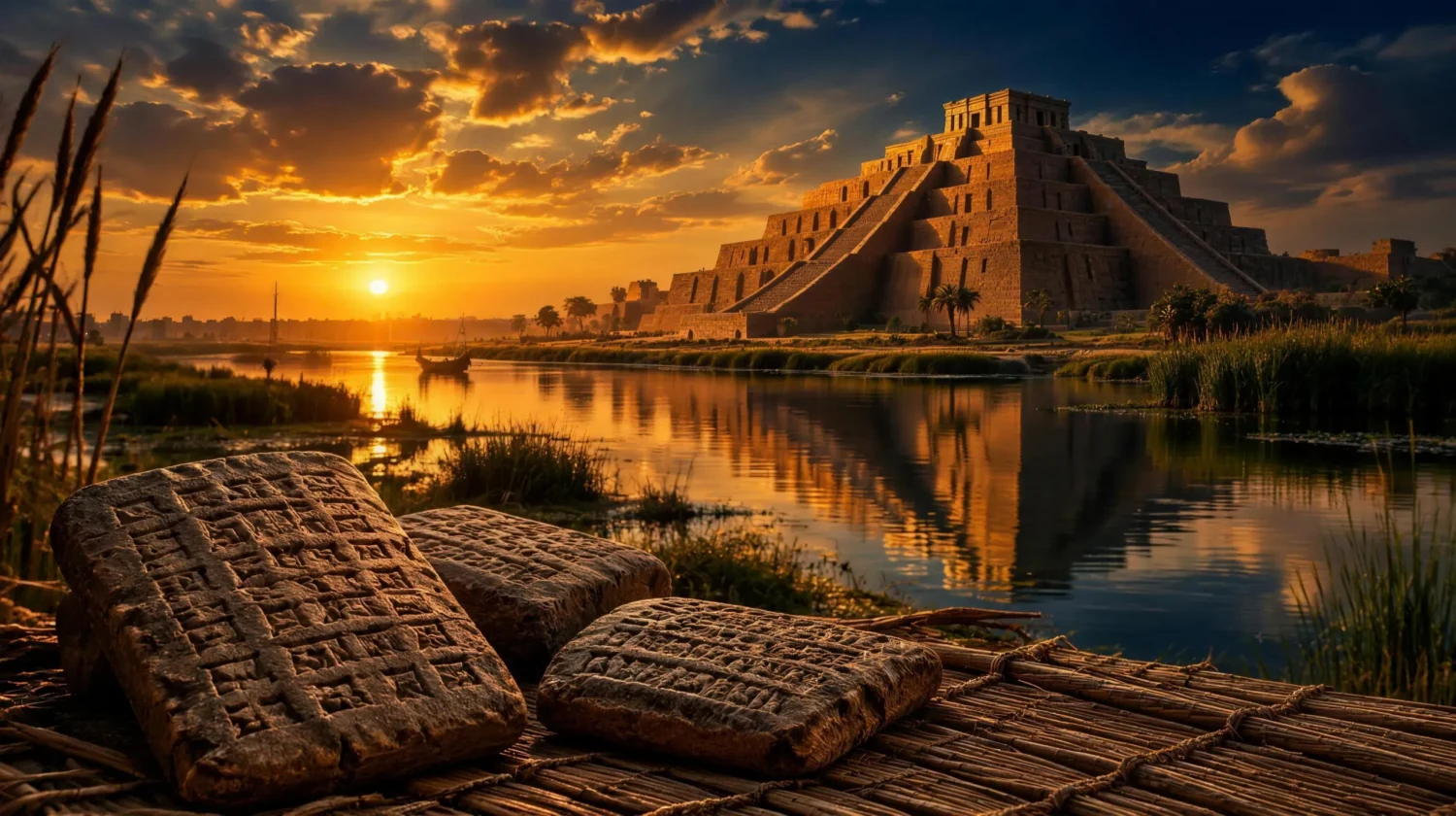 Sumerian ziggurat rising over the Mesopotamian river plain at dusk with clay cuneiform tablets resting on a reed mat in the foreground
