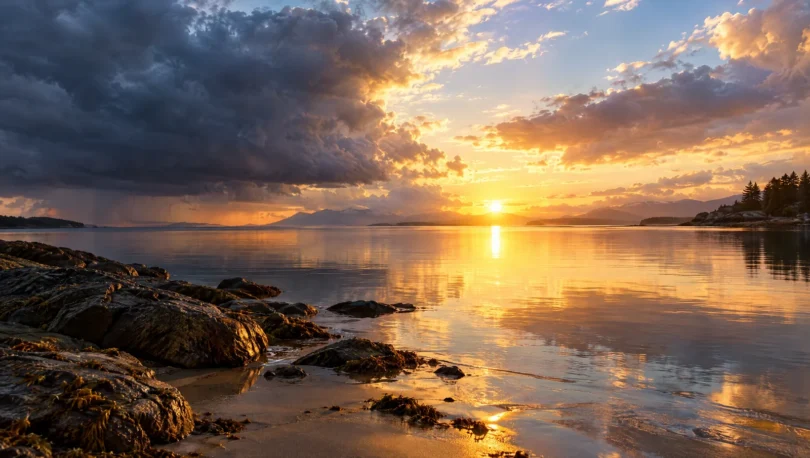 Sunrise over a calm shore with soft golden light on still water, a symbol of peace after a distressing experience