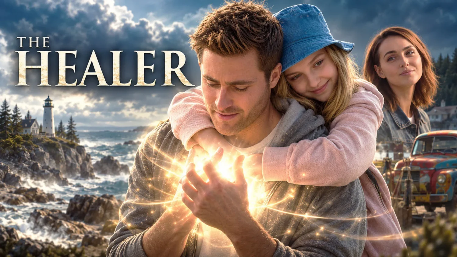 The Healer key art: a man holding glowing light in his hands with a girl hugging him from behind on a rocky coast
