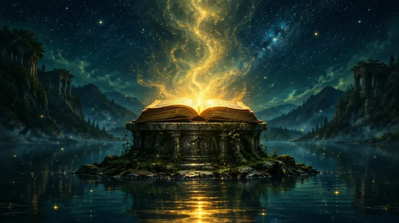 An open book on a stone pedestal glowing with golden light that rises into a starry night sky, in deep blue and green tones.