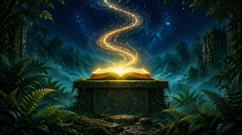 A glowing golden book on a stone altar with a spiral of light rising into a starry navy sky, framed by green ferns