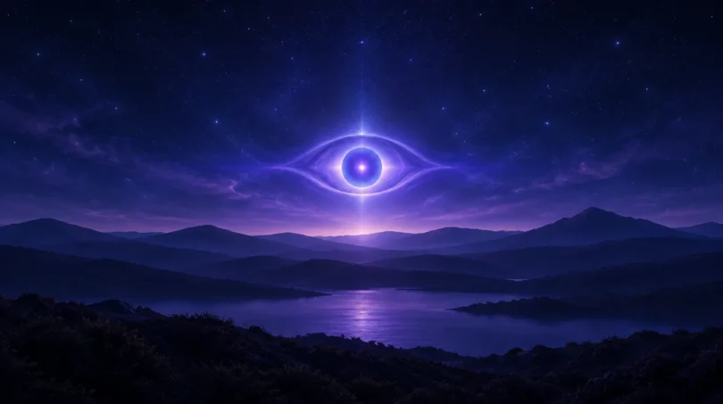 A softly glowing indigo and violet eye-shaped light on the horizon of a quiet starry night sky, representing the third eye
