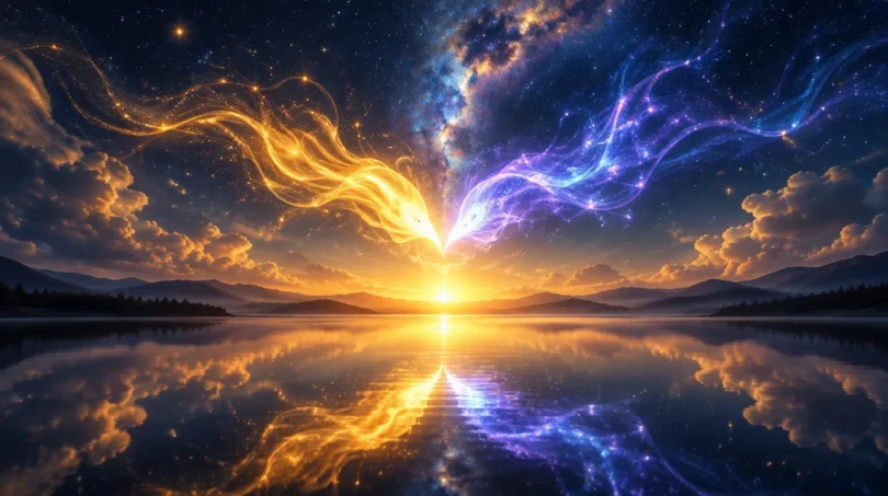 A gold flame and a violet-blue flame meeting in a burst of golden light at dawn above a still lake that reflects the stars