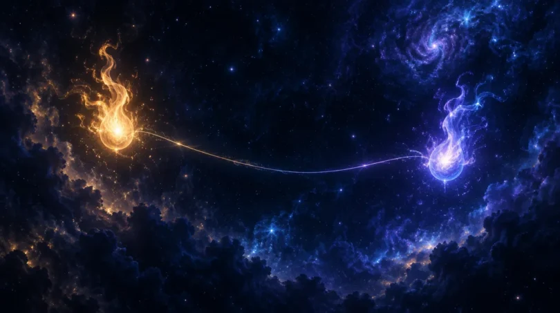 A gold flame and a violet-blue flame floating far apart in a dark starry sky, joined by a single faint thread of light