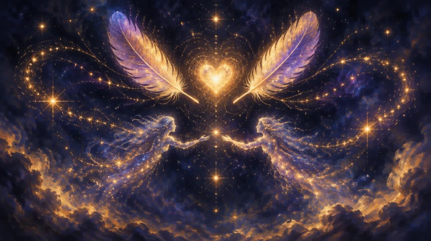 Mirrored silhouettes of starlight reaching toward each other beneath gold and violet feathers of light and a glowing heart in a midnight sky