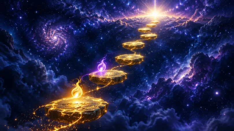 Two small flames, one gold and one violet, travelling a winding path of glowing stepping stones toward a radiant light in a midnight starry sky