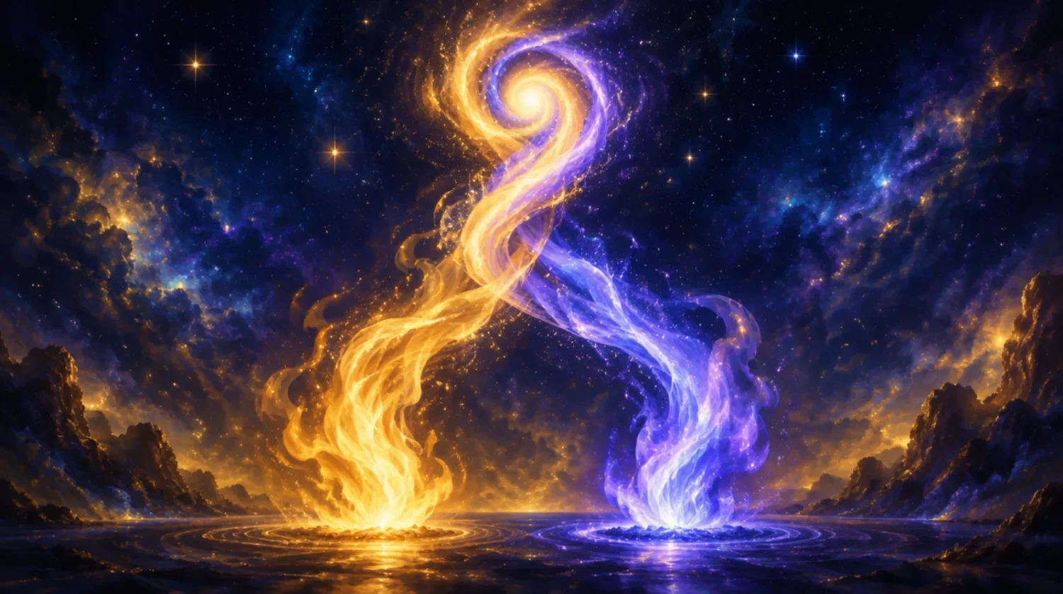 Two flames, one gold and one violet-blue, rising from separate points and merging into a single spiral of light in a night sky