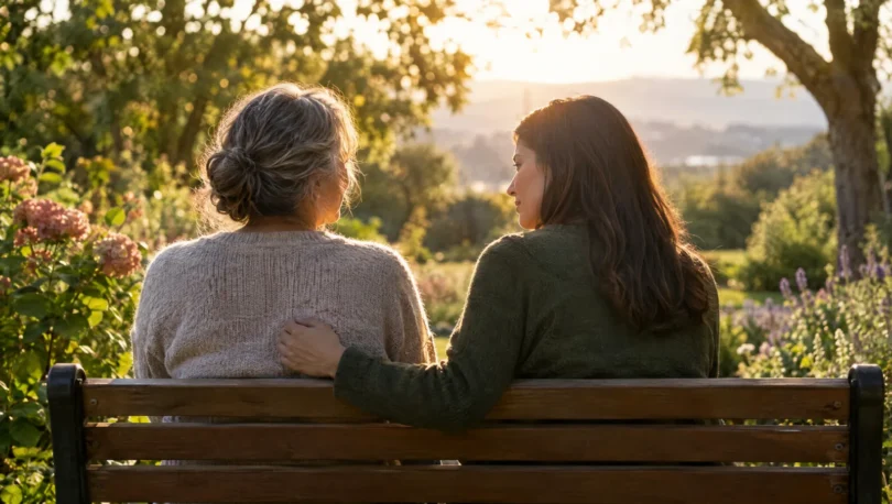 Two people sitting side by side on a garden bench in soft light, offering quiet support