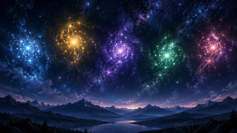 Five glowing star clusters in blue, gold, violet, green and rose across a deep night sky above a mountain horizon