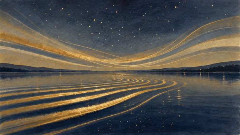Golden waves of light flowing over a still lake under a starry sky, a picture of vibrational energy