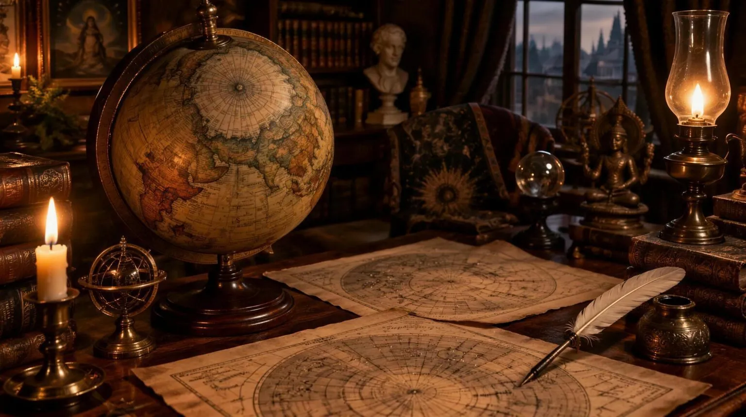 A candlelit Victorian study with an antique globe turned to the north pole, parchment star charts and a quill pen, the world of Theosophy and the root races
