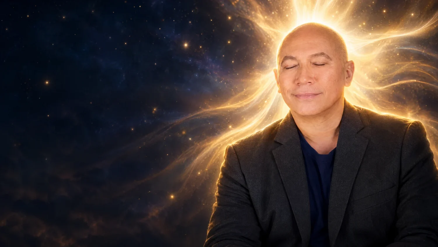 Darryl Anka with eyes closed in a channeling state, surrounded by flowing golden light against a starry night sky
