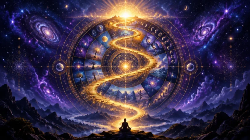 A glowing wheel of time in indigo space with a golden path rising from a dark valley toward a bright dawn, a meditating yogi in the foreground